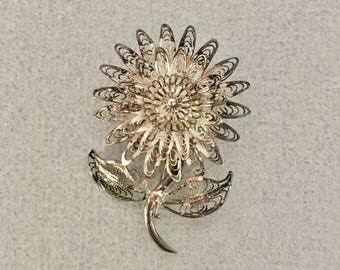 1940s Sterling Silver Filigree Cannetille Sunflower Brooch / Pin
