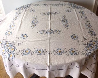 Vintage Mid Century Blue and Yellow Tablecloth 1960s