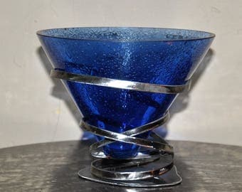 candle holder wrought iron with blue bubble glass candle