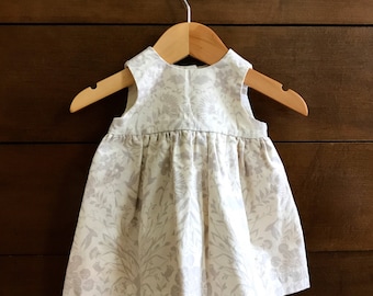 Baby Sundress - Baby Girl Dress, Handmade in Soft Cream & Gray Cotton with a Vintage Inspired Flora and Fauna Pattern