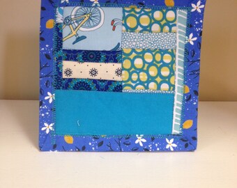 Blue Scrappy #4 Mug Rug Coaster Mini Quilt Wall Art Handmade Quilted