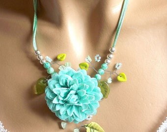 Jewelry flower Necklace blue and green leaves.