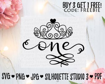 One SVG jpeg Vinyl Design Cricut Silhouette Studio Digital Print or Cut File DIY download Tiara Crown Birthday Princess First One Year Old