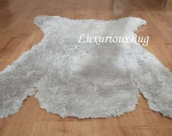 Nursery Rug, Gray Bear Rug, Luxury Faux Fur Rug, Gray Mountain Bear Rug, Camping Bedroom Decor, Bear Rug, Camping Decor, Gray Nursery Rug