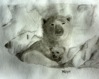 watercolor Mama bear and her Cub in black and white