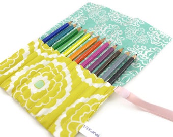 Wallet case for pencils (or felt end) roll - Arabesque turquoise and lime flower