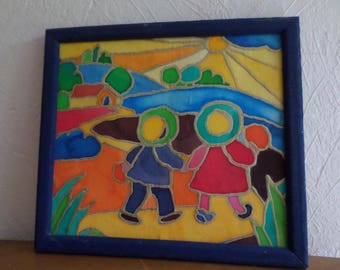 painting on silk: two children holding hands