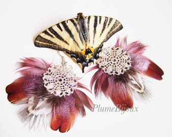 Boucles d'oreilles plumes, éventail, violettes.