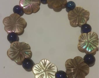 Blue and Tan Floral Bracelet