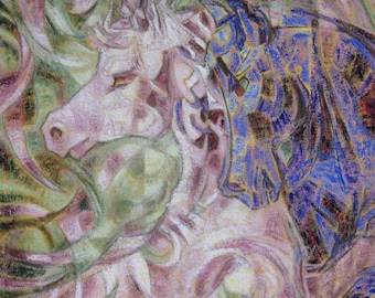 Eyes - original mixed media painting symbolizing the meeting of two horses