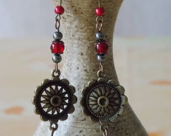 Earrings * forever * bronze flower sparkle red - Baroque - Renaissance glass and cracked glass