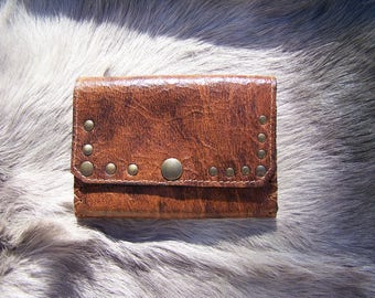 Antique Cognac brown leather wallet, vintage style, with embedded, card wallet handy