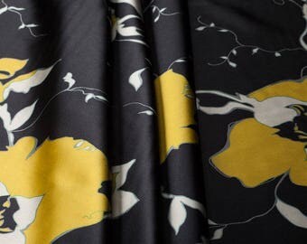 100% Silk Floral Black Yellow Print Fashion Upholstery Dress Craft Supplies Colour Style Design Fabric Sample Available