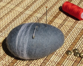 Felted stone, pincushion gray pebble, beach stone, felt pebble, rock magnet
