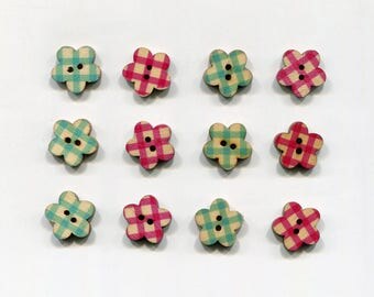 set of 12 flower wood buttons * checkered pattern * 17 mm