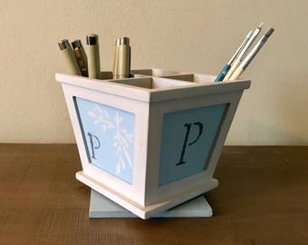 Shabby Chic Handprinted Wooden Desk Pen Organizer