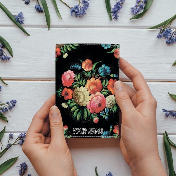 Flowers Passport Cover Personalized Vegan Leather Travel