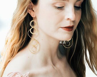 Super long gold hoop dangle earrings, Gold hoopChandeliers, Long Modern Dangle Earrings , Statement Earrings, Dramatic Earrings