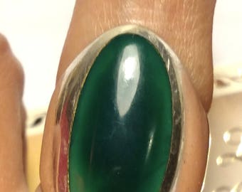 Huge Vintage Antique 925 Sterling Silver Green Stone Cabochon Ring Size 6.5 Boho Statement Goth Gothic Steampunk