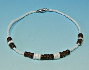 SALE Anklet White Seed Beads Brown Coconut and Puka Shell Beads Hawaiian Surfer SUP 9 Inches Length 5206