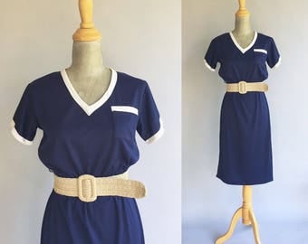 Vintage Navy Blue And White Day Dress (Size Small)