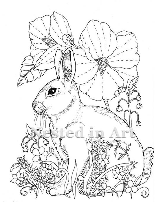 Download Adult Coloring Page Bunny and Hibiscus Digital Download