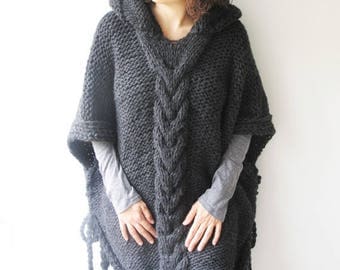 50% CLEARENCE Dark Gray Plus Size Cable Knit Poncho with Hoodie by Afra