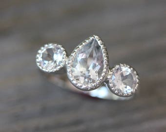 White Topaz Rings, Vintage Feel Pear Shaped Silver Ring With Milgrain, Anniversary Gift or Engagement Ring, Non Conflict Diamond Alternative