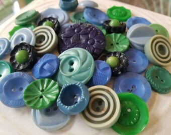 Vintage Buttons - Cottage chic fancy pierced mix of green, and blue lot of 37 old and sweet( July402 17)