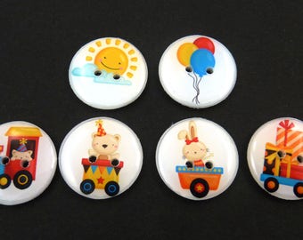 6 Party Train Buttons. Handmade Buttons. Sewing Buttons. 3/4" or 20 mm