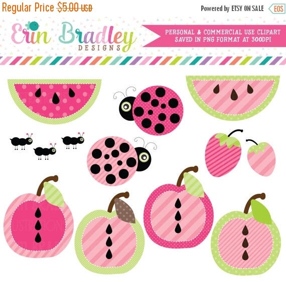 50% OFF SALE Ladybug Picnic Clip Art Commercial Use Watermelon Apples and Ants Clipart Il_570xn