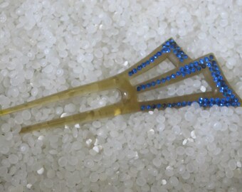 Vintage, antique hair comb, hair pick, two tone with sapphire paste rhinestones