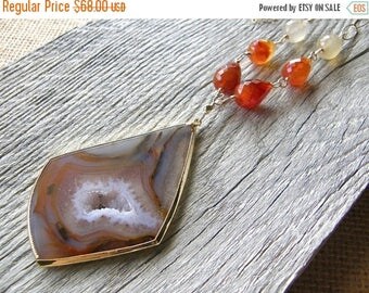 Summer Sale 20% Off Extra Long Red and Orange Agate and Gold Chain Necklace, Layering Stone Pendant Necklace