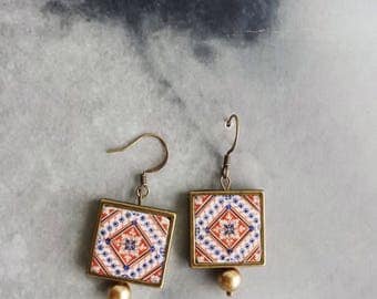 Earrings Portugal Tile Azulejos Portuguese Geometric Aveiro and Ilhavo (see photo of actual Facades) waterproof /reversible Gift Boxed 1038