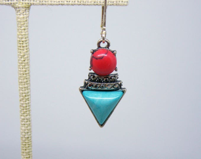 Turquoise Stone Earrings, Triangle Earrings, Red and Turquoise Southwestern Earrings, Geometric Earrings, Tribal Earrings