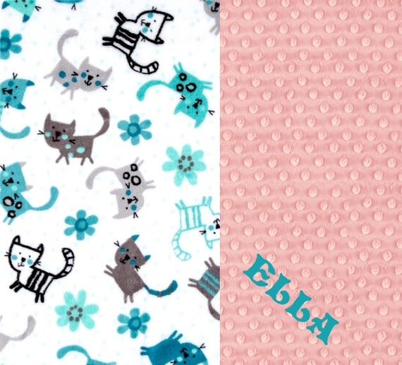 Pink Blue Cat Blanket, Kids Minky Blanket, Crib Blanket, Minky Blanket Girl, 42 x 55 Personalized Baby Blanket, Baby Girl Baby shower gift