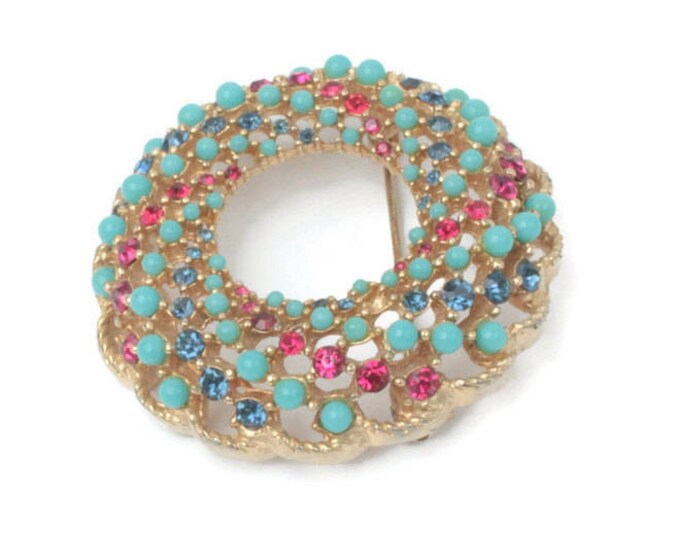 Swirl Circle Pin Turquoise Beads Red Blue Rhinestones Swirl Brooch Vintage