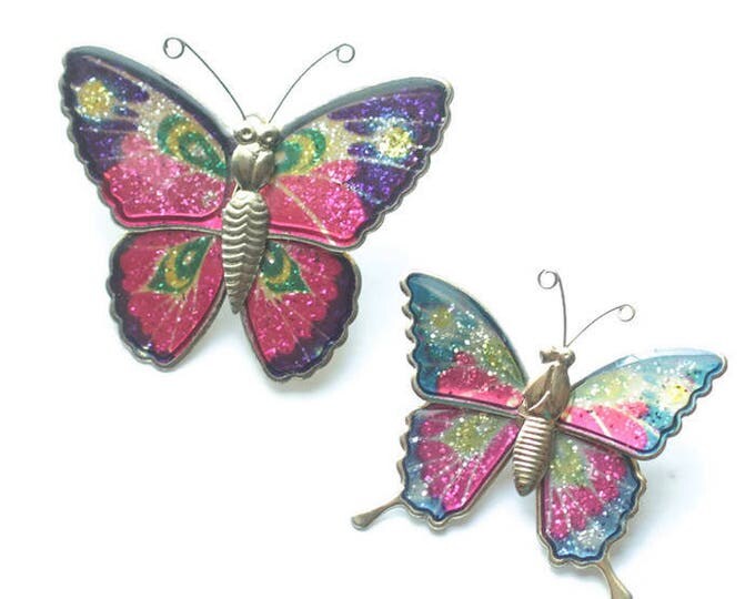 Pair of Iridescent Butterfly Pins Vintage Colorful Glittery Sparkly