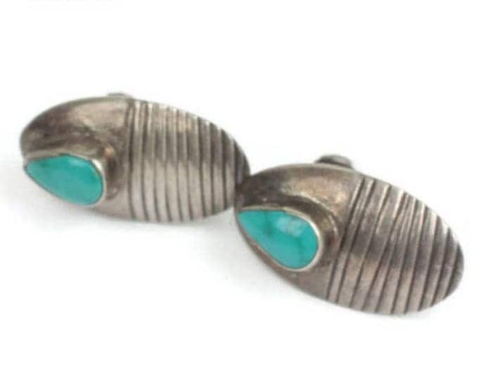 CIJ Sale Sterling and Faux Turquoise Earrings Oval Ridged Design Screw Back Vintage