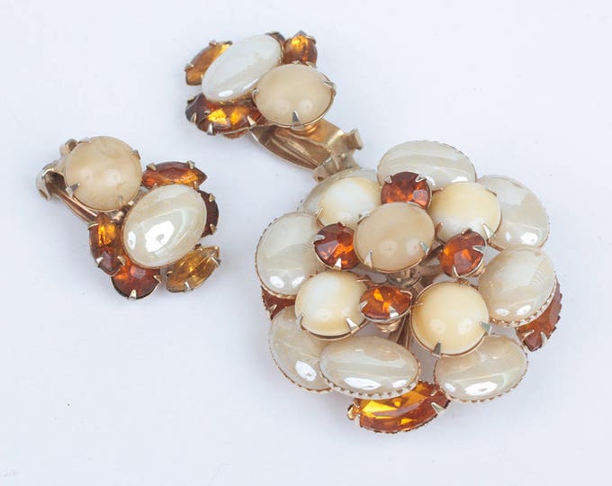 Topaz Givre Stone Brooch Earrings Set Iridescent Beads Vintage