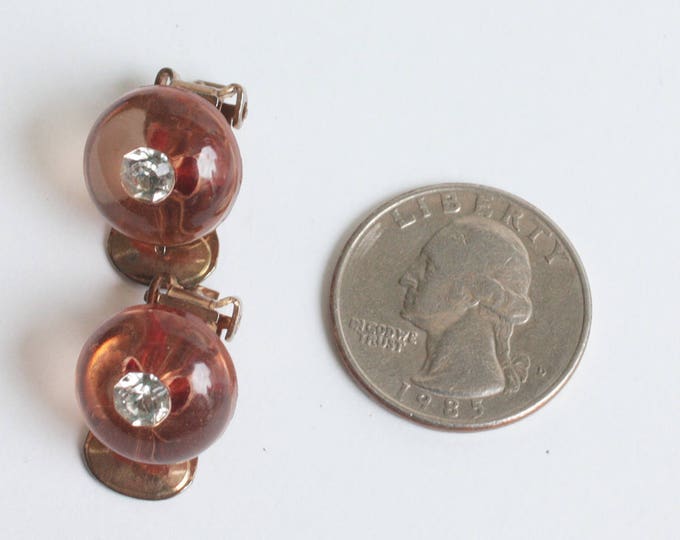 Apple Juice Lucite Earrings Rhinestones Shoe Button Style Clip On Style Vintage