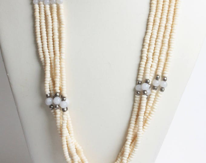 Five Strand Carved Ox Bone Bead Necklace Quartz Beads Tribal Bohemian Vintage