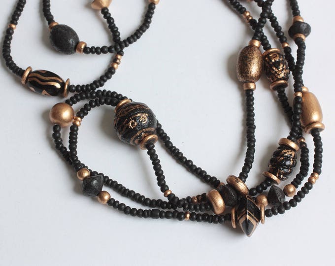 Black Bead Necklace Gold Painted Wooden Beads 60 Inch Long Boho Bohemian Vintage