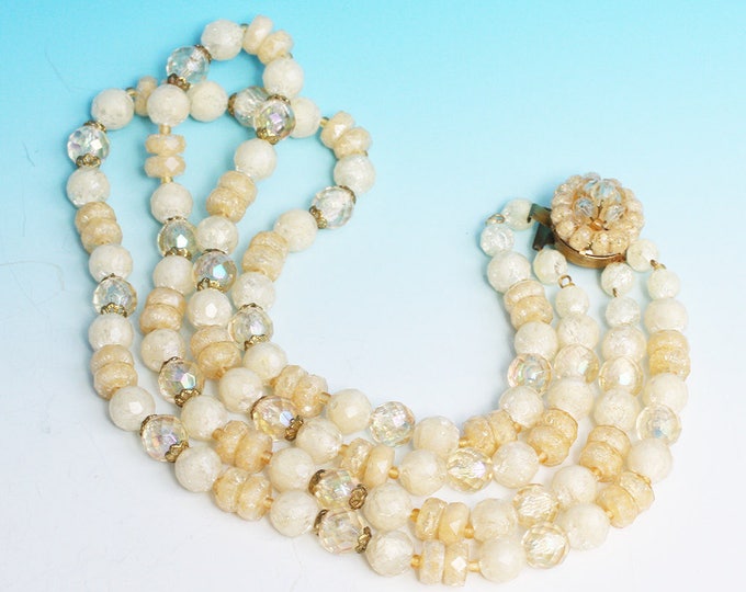 Two Strand Bead Necklace Pale Yellow and Frosted White Beads West Germany Vintage