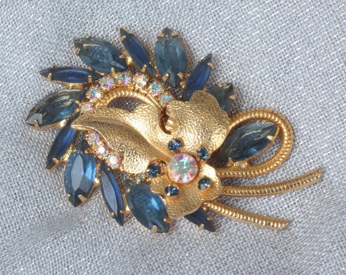 Juliana D and E Blue Rhinestone Brooch Gold Leaf Accent Wide and Narrow Navettes Book Piece 1962