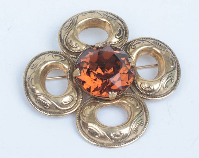 Topaz Glass Quatrefoil Shape Brooch Celtic Style Vintage