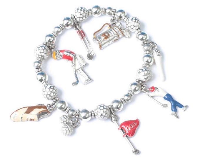 Lady Golfer Stretch Charm Bracelet 8 Enameled Charms Silver Tone Vintage