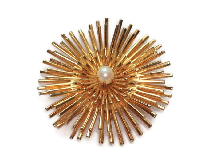 Retro Sunburst Brooch Faux Pearl Center Gold Tone Metal Vintage