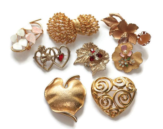 Eight Brooch Lot Gold Tone Hearts Corocraft Scitarelli MOP Floral Mid Century Jewelry