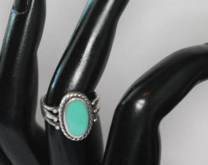 Turquoise Lucite and Sterling Ring Rope Edging Signed Marsala Size 7 Vintage